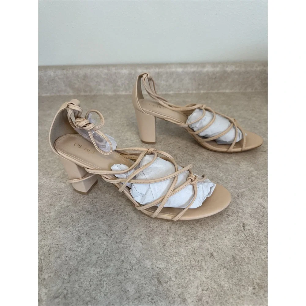 Lace Up Block Heels Sandals Women’s Size 10.5 Nude Strappy‎ Ankle Tie Shoes